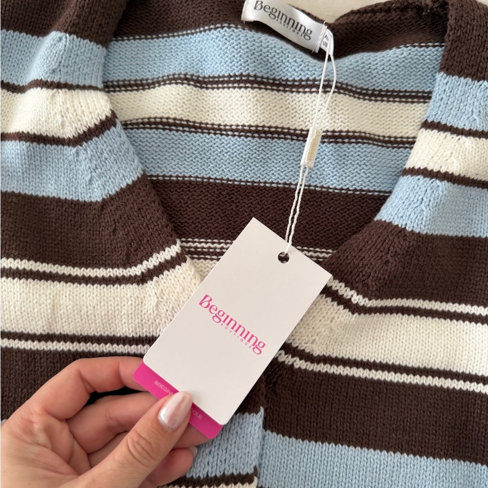 BEGINNING BOUTIQUE ✨- Misha Brown and Blue Stripe Button Down Cardigan - Picture 5 of 7